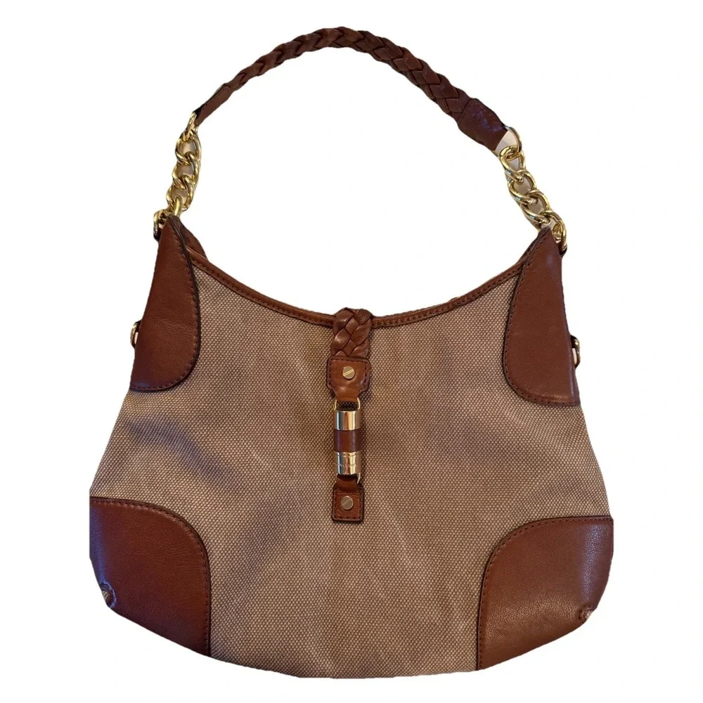 Michael Kors Canvas Hobo Brown Purse‎ Jet Set Braided Leather Shoulder Bag
